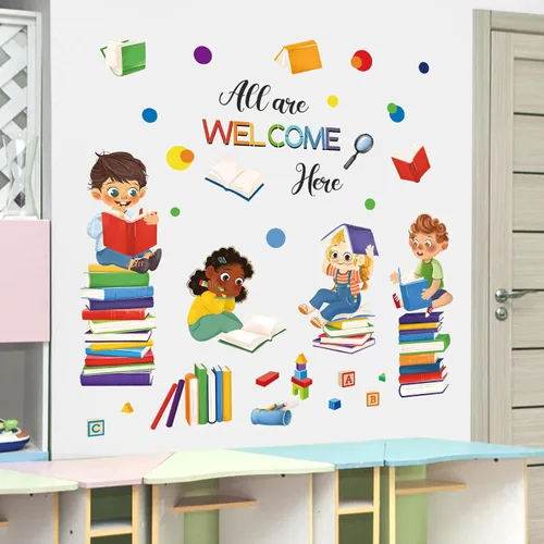 Vista 2 de wondever Calcomanías de pared de esquina de lectura, citas inspiradoras para niños, con citas inspiradoras All are Welcome Here Peel and Stick
