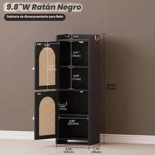 Vista 2 de Arbuxzuy Gabinete de almacenamiento de baño de ratán con 2 puertas y Ratán negro