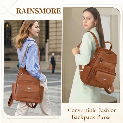 Vista 2 de RAINSMORE Mochila convertible para mujer, de piel sintética, impermeable, a la moda, de 13.3 pulgadas, antirrobo, bolsa de hombro cruzada