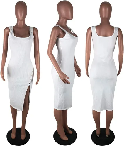 Vista 4 de Salimdy - Vestido de longitud media con corte tubo, sexy y liso, con tirantes delgados, acanalado, con botones, abertura lateral, entallado