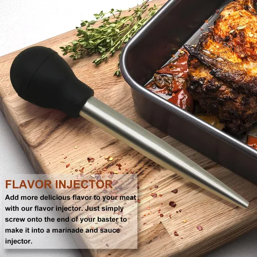Vista 4 de Baster de acero inoxidable para pavo con cepillo de limpieza, jeringa de grado alimenticio para cocinar y rociar con 2 agujas inyectoras de adobo