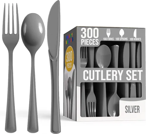 Vista 14 de Party Solids - Juego de cubiertos de plástico negro resistente de 300 piezas, cubiertos desechables negros resistentes, juegos de utensilios, 100