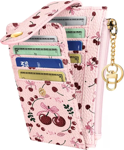 Vista 9 de Cartera delgada pequeña para tarjetas para mujeres – Linda cartera con llavero con bloqueo RFID que sostiene 7 tarjetas, diseño de moda de cuero