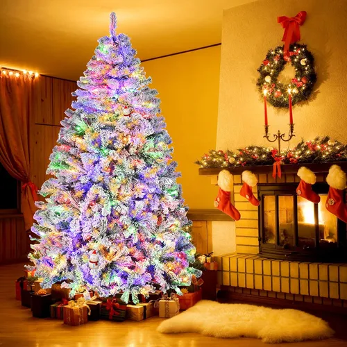 Vista 2 de Árbol de Navidad flocado de 6 pies preiluminado, árbol de Navidad artificial con control remoto, 250 luces LED de color blanco cálido y cambio