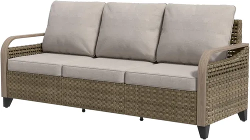 Vista 9 de EAGLE PEAK Sofá de mimbre para patio al aire libre, muebles modernos de ratán para patio, terraza, porche, balcón, sofá de 3 asientos, marrón/gris