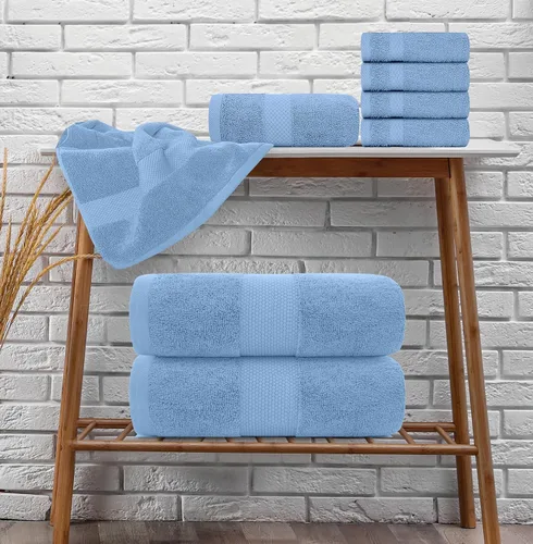 Vista 9 de White Classic Juego de 2 toallas de baño de lujo azul claro de 22 x 34 pulgadas y 8 toallas