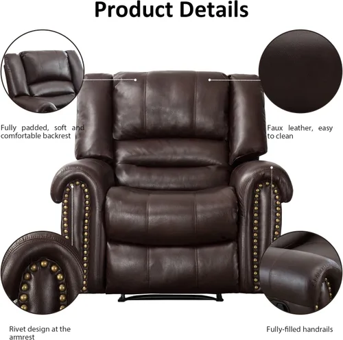 Vista 3 de INZOY Silla reclinable de cuero, sofá reclinable manual resistente, sofá individual para sala de estar, asientos de cine en casa, color marrón