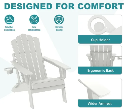 Vista 5 de FOOWIN Adirondack - Silla plegable de polietileno de alta densidad para patio con soporte para tazas, silla de plástico resistente de 400 libras