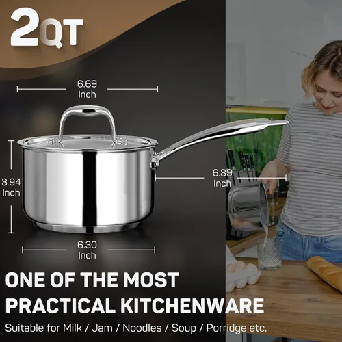 Vista 3 de Ciwete - Sartén de 2 cuartos con tapa, cacerola de acero inoxidable de tres capas de 2 cuartos con tapa de acero inoxidable, 2 líneas de medición