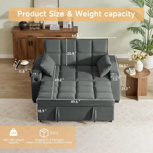 Vista 2 de Auvsoce - Sofá cama biplaza de 65 pulgadas, sofá convertible para sala de estar, sofá para RV con respaldo ajustable, chaise longue, mesa lateral