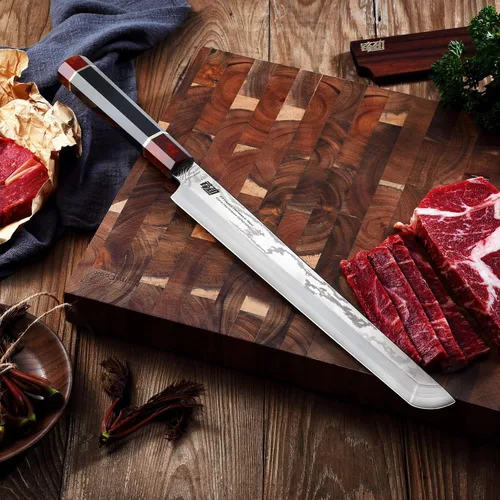 Vista 5 de Cuchillo Sakimaru de la Serie Prestige con Funda de Nogal, Hoja de Acero Damasco Japonés SKD11, Mango Octagonal de Madera de Ébano, Cuchillo