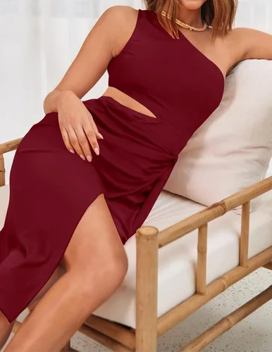 Vista 9 de ZESICA Vestido de verano sexy de un hombro para mujer, sin mangas, con lazo en la cintura, con abertura, para cóctel, fiesta