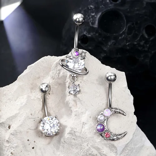 Vista 2 de CM Crareesi Mania Paquete de anillos para el ombligo de 14 G, 3 piezas de piercings brillantes para el ombligo para mujer, de acero quirúrgico 316L