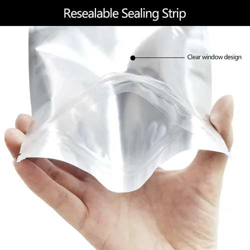 Vista 4 de Paquete de 100 bolsas de Mylar para almacenamiento de alimentos de 3.3 x 5.5 pulgadas, bolsas resellables a prueba de olores con ventana
