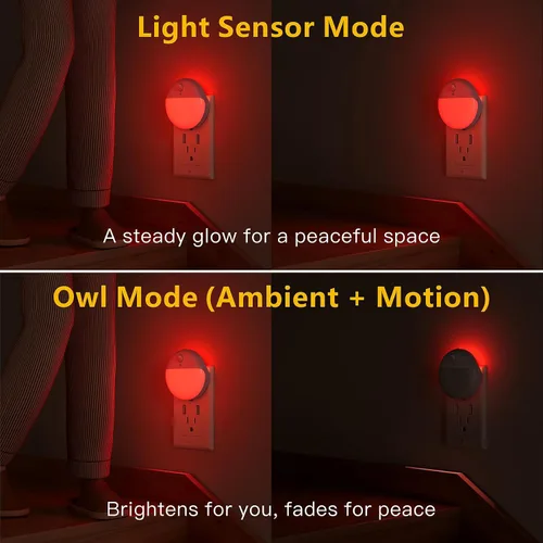 Vista 3 de YUNLEX Paquete de 2 luces nocturnas rojas enchufables con sensor de movimiento y sensor de atardecer a amanecer, 3 modos, brillo suave, 0% luz azul