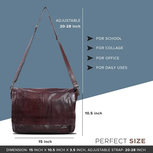 Vista 5 de Bolso de mensajero de cuero real para hombres y mujeres Maletín para laptop para oficina, universidad, correa de hombro ajustable