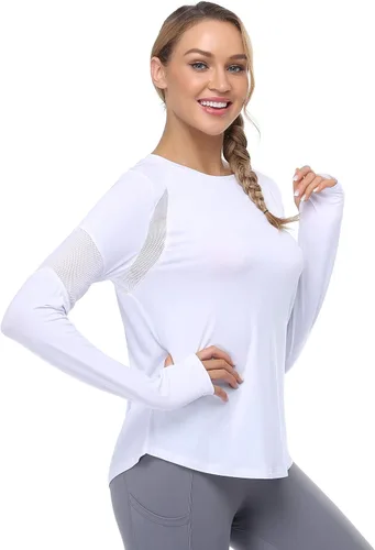 Vista 4 de Muzniuer Camisetas de entrenamiento de manga larga para mujer, camiseta lisa de manga larga para mujer, camiseta deportiva de yoga con agujero