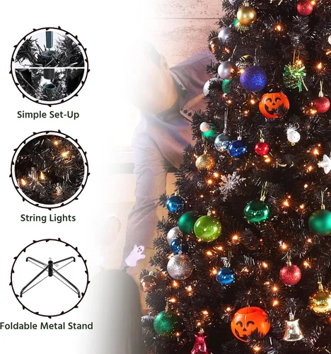 Vista 5 de [Usado] Yaheetech Árbol de Navidad artificial de pino abeto negro con bisagras y luces incorporadas de 4.5 pies para Halloween, árbol de Navidad