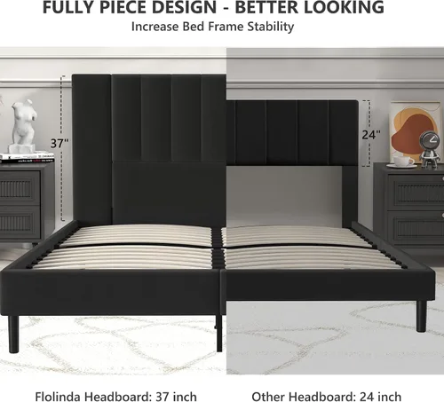 Vista 5 de Flolinda Base de cama de plataforma tamaño Queen con cabecera tapizada de terciopelo y soporte de listones de madera, base de colchón totalmente