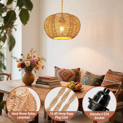 Vista 2 de Luces Colgantes con Cable de Enchufe, Lámpara Colgante de Ratán, Luminarias de Techo Boho, Lámpara Colgante de Estilo Rústico para Sala de Estar