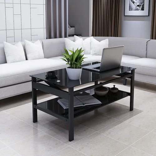 Vista 8 de Mesa de centro negra elevable, moderna mesa central pequeña de vidrio templado de 2 capas con almacenamiento, mesa auxiliar ajustable de 37.8