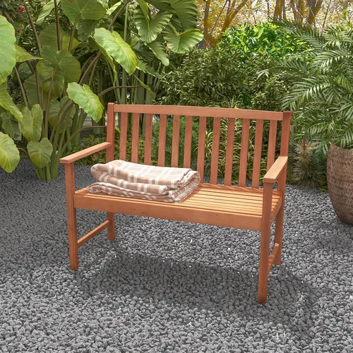 Vista 5 de Giantex Banco para exteriores, banco de patio de madera con cómodos reposabrazos y respaldo, área de estar de listones, marco de madera
