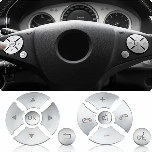 Vista 9 de Botón de Decoración Interior Compatible con Volante de Coche para Mercedes Benz Clase C, GLC, Clase W205 X205 - Plata (Modelo A)