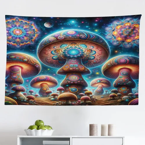 Vista 129 de Ambesonne Tapiz de hongos, atmósfera psicodélica, escena astral estrellada con motivos orientales trippy, decoración de tela para colgar en la pared
