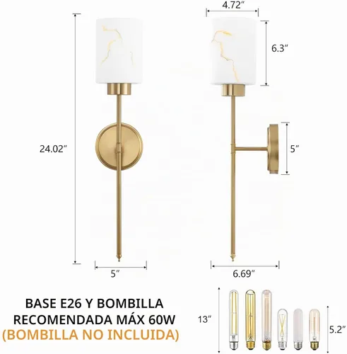 Vista 5 de Juego de 2 apliques de pared dorados con pantalla de vidrio de mármol, accesorios modernos de tocador de baño para dormitorio, pasillo, entrada