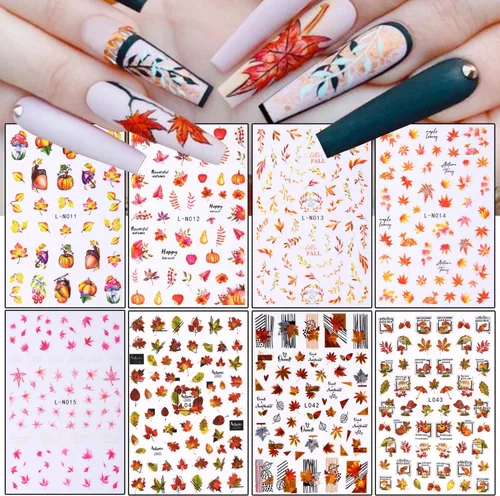 Vista 7 de Calcomanías de arte de uñas de hoja de arce de otoño, hojas de otoño 3D, diseño de calabaza y hongos para uñas, decoración de calcomanías