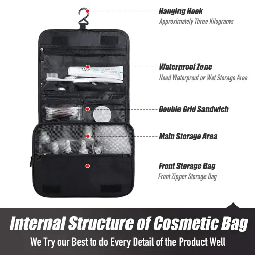 Vista 2 de Neceser de viaje colgante, organizador de cosméticos, bolsa de maquillaje portátil para mujeres y hombres con gancho fuerte y bolsillos, bolsa