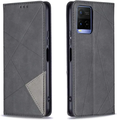 Vista 30 de Funda con tapa para Vivo Y11, Y15, Y12 e Y17, diseño de rombos de piel sintética, con función atril, cierre magnético, para Vivo Y11/Y15/Y12/Y17