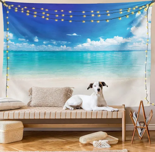 Vista 8 de Lunarable Tapiz oceánico, playa de arena costera natural y costa caribeña vista del paraíso celestial, decoración de tela para colgar en la pared
