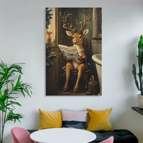 Vista 6 de Arte De Pared En Lienzo Vintage De Reno Navideño, Impresiones De Imágenes De Renos, Alces Sentados En El Inodoro, Pintura De Invierno, Póster Para