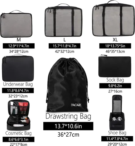 Vista 2 de BAGAIL Juego de 8 cubos organizadores de equipaje para accesorios de viaje (negro azabache)