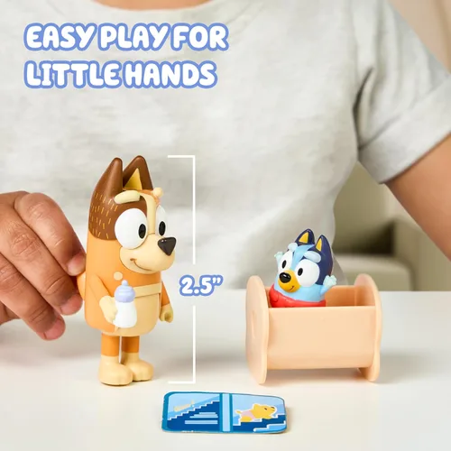 Vista 5 de Paquete de 2 figuras articuladas de juguete de carreras de Bluey Baby, juguetes de personajes con Chilli y bebé en cuna accesorio, figuras de acción