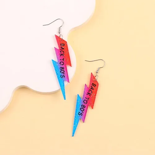 Vista 2 de Aretes de neón de los años 80 para mujer, coloridos relámpagos acrílicos, aretes colgantes retro de los años 80 y 90, accesorios de fiesta, joyería