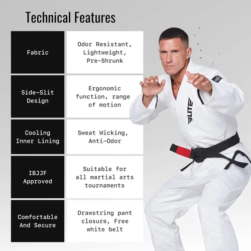 Vista 3 de Elite Sports Kimono para hombres aprobado por la IBJJF Federación Internacional de Jiu Jitsu Brasileño de tela pre-encogida para Jiu Jitsu