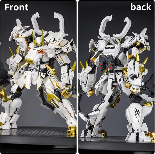 Vista 5 de CSNRHG Modelo de robot mecánico samurái de tigre blanco con doble hacha, bloques de construcción, juego de juguetes de cumpleaños mítico para niños