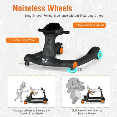 Vista 4 de BABY JOY Andador de bebé 2 en 1, caminador de actividad plegable con altura y velocidad ajustables, música, luces, espejos, cojín de asiento