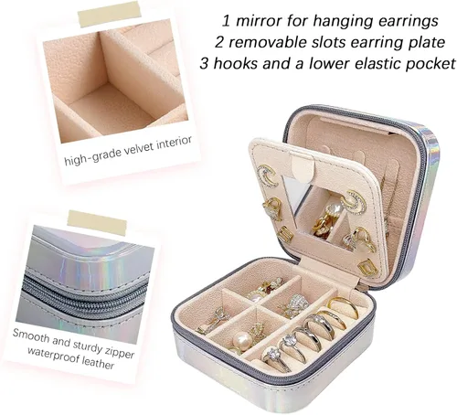 Vista 4 de Small Jewelry Box with mirror, Portable Mini Travel Jewelry Case Storage Organizer, PU Leather Double Layer Jewellery Organizer for Women and Girls