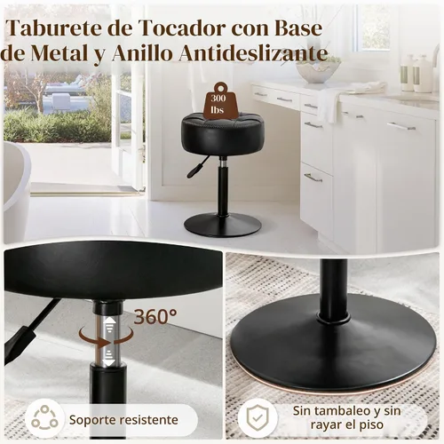 Vista 6 de LUE BONA Taburete de tocador ajustable, silla giratoria de 360° para sala de maquillaje, taburete negro para tocador, pequeños taburetes de tocador