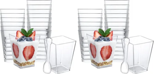 Vista 11 de SHOPDAY Vasos de postre de plástico de 5 oz: paquete de 30 vasos cuadrados transparentes con cucharas, pequeños vasos de parfait, mini vasos