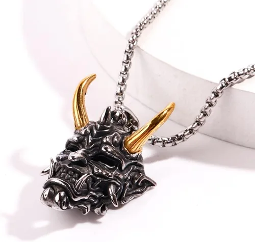 Vista 3 de Collar de calavera para hombre, collar de calavera de cuerno dorado, collar de cabeza de calavera de demonio gótico, collar de Halloween, collar