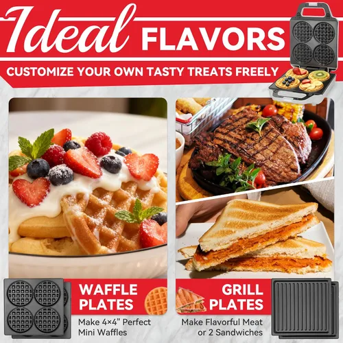 Vista 4 de SugarWhisk Mini Waflera 2 en 1 con Placas Extraíbles, Prensa Panini para Sándwiches, Prensa para Sándwiches, Waflera Eléctrica, Sandwichera