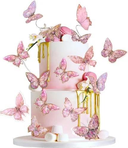 Vista 16 de 38 bolas de oro rosa para decoración de tartas, flores artificiales rosadas, decoraciones de pasteles de mariposa para decoración de pasteles