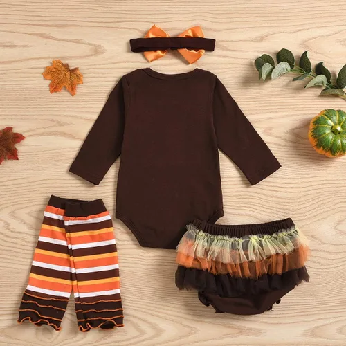 Vista 2 de Trajes de Acción de Gracias para bebé recién nacida, mameluco de manga larga con diseño de pavo, falda tutú de tul, diadema con lazo, calentadores