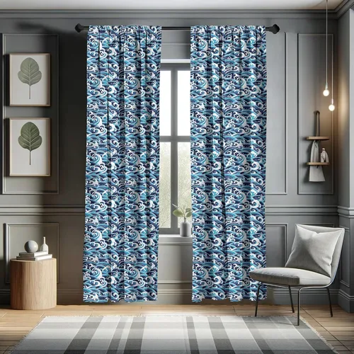 Vista 5 de Ambesonne Cortinas onduladas japonesas, patrón oriental tradicional con ondas de salpicaduras de espuma de agua, tratamientos de ventana, juego de 2