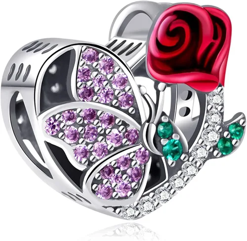 Vista 4 de NINGAN Juego de ofertas dijes de piedra natal y dije de mariposa de flor de rosa, Plata