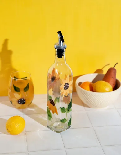Vista 4 de Vinagre y aceite de vidrio de girasol pintado a mano de 16 oz